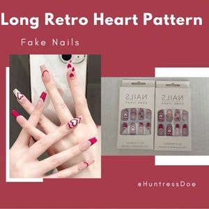 Long Retro Heart Pattern Fake Nails - 24pcs